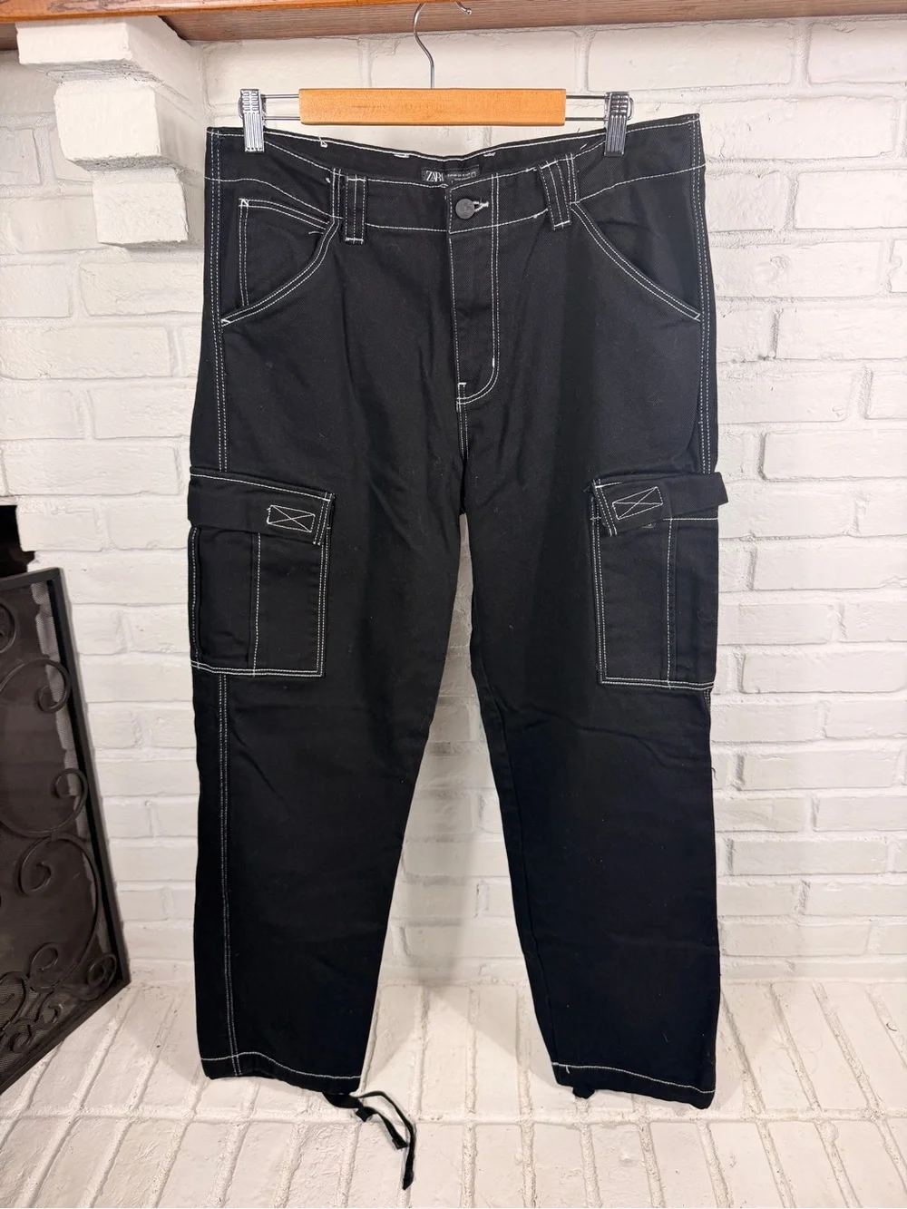 Zara Black Contrast Stitch Cargo Carpenter Pants Wide Leg Utility 34‎